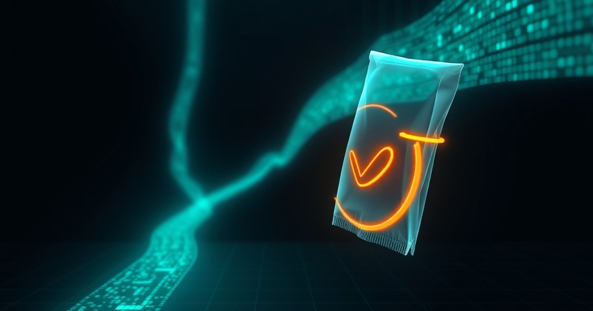 An encrypted data stream passing through a glowing authentication-tag gate